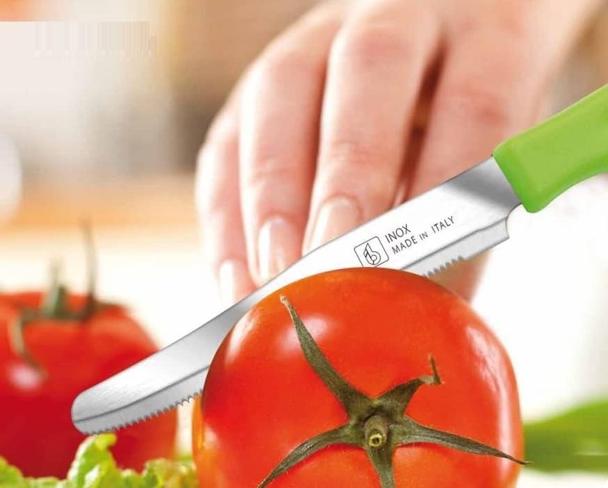 Tredoni 6 kitchen Knives - 4.3"/11cm Italian Stainless Steel Serrated Vegetable/Steak/Table Knife Cutlery, Rounded Tip (Green)