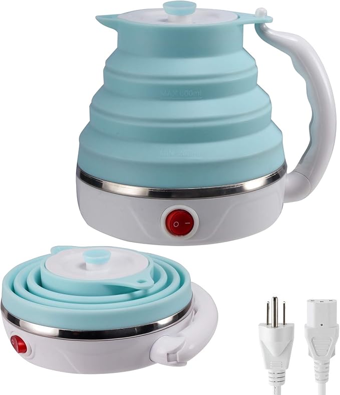 Travel Foldable Electric Kettle, Collapsible Electric Kettle Food Grade Silicone Small Pot Boiling water,Dual Voltage(600ml,110-220V US Plug) (Blue)