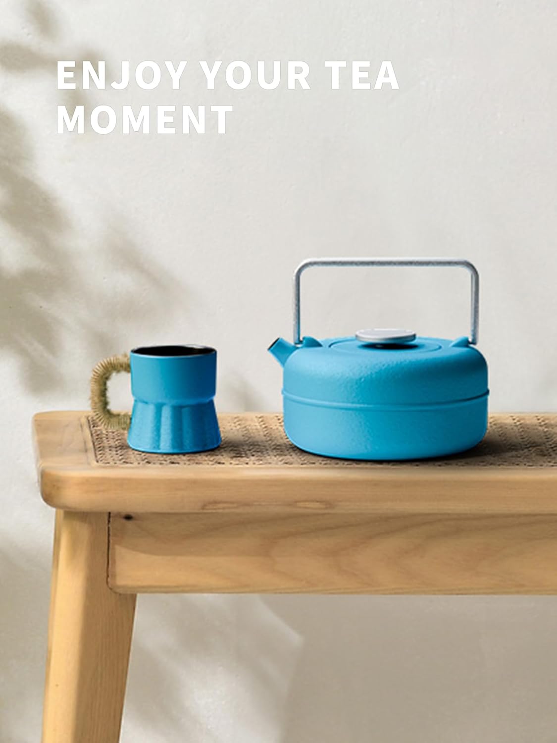 Toptier Teapot with Removable Infuser, Cast Iron Tea Kettle Stovetop Safe, Solid Geometry Cylinder Design Tea Pot Coated with Enameled Interior for 27 Ounce (800 ml), Blue