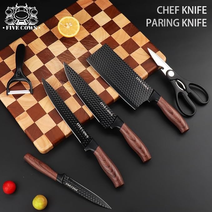 6 Pcs Kitchen Knife Block Set German High Carbon Stainless Steel Chef Knives, Razor-Sharp & Durable, Lightweight Anti-Slip Handle, Professional Set for Home & Kitchen (Brown 6 Piece)