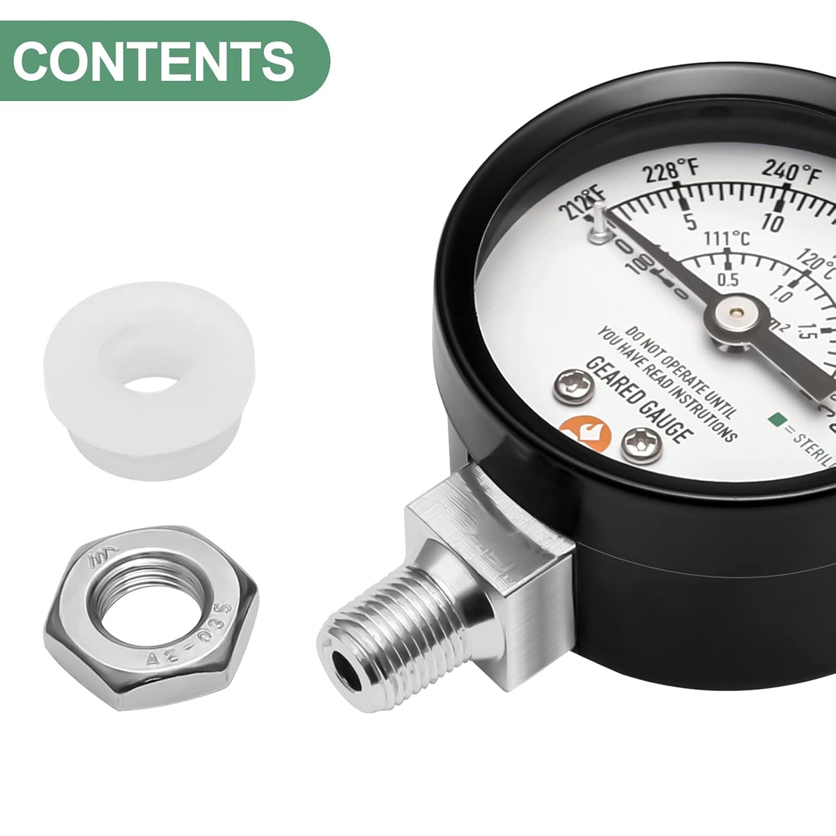 Roastove Black case Pressure Cooker Gauge, Pressure Canner Gauge, Steam Pressure Gauge, 2" Dial, Lower Mount, Including Gasket, Nut