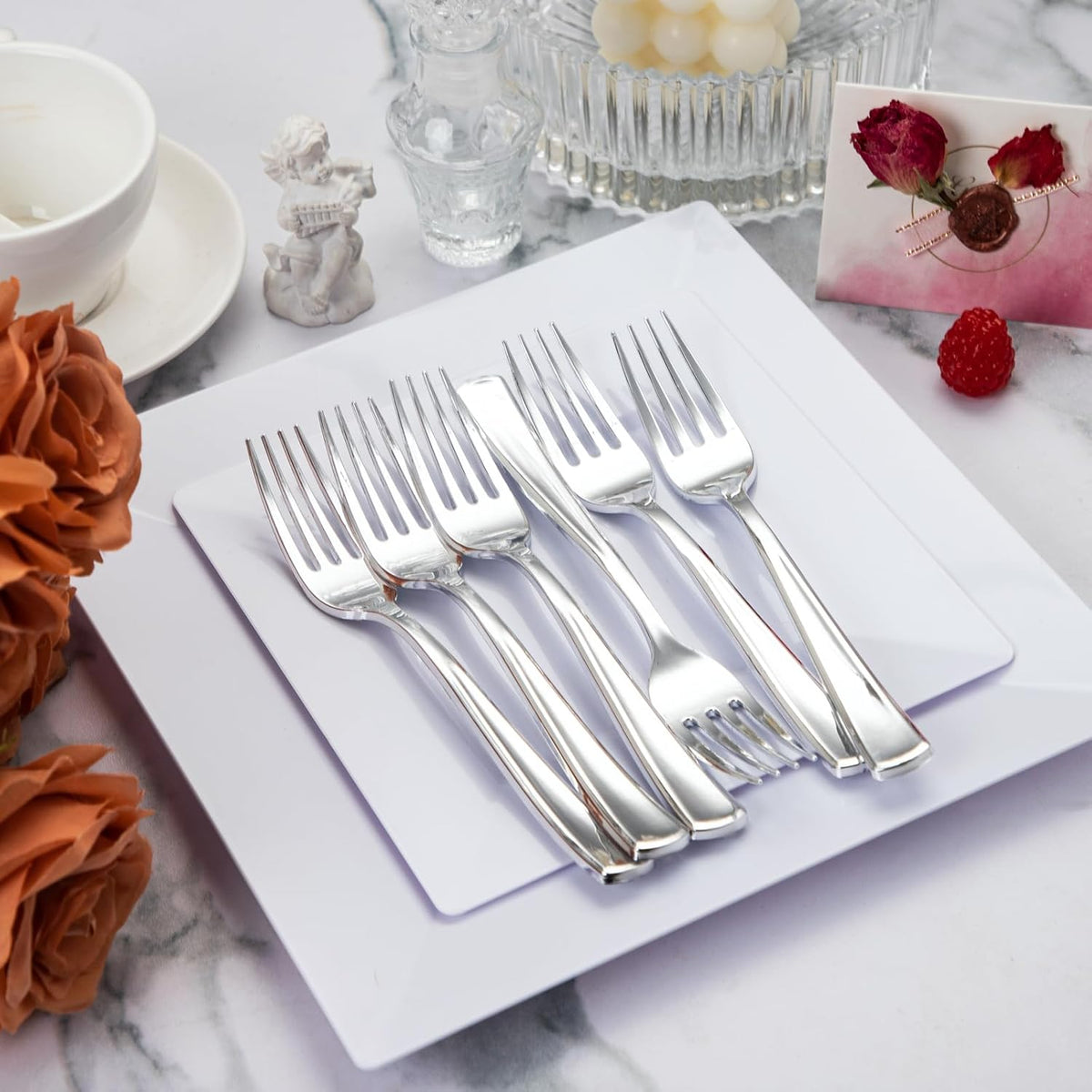 Liacere 200Pcs Silver Plastic Cutlery-Silver Plastic Silverware- Disposable Plastic Silverware - 100 Silver Forks, 50 Silver Spoons, 50 Silver Knives Perfect for Wedding&Valentine's Day