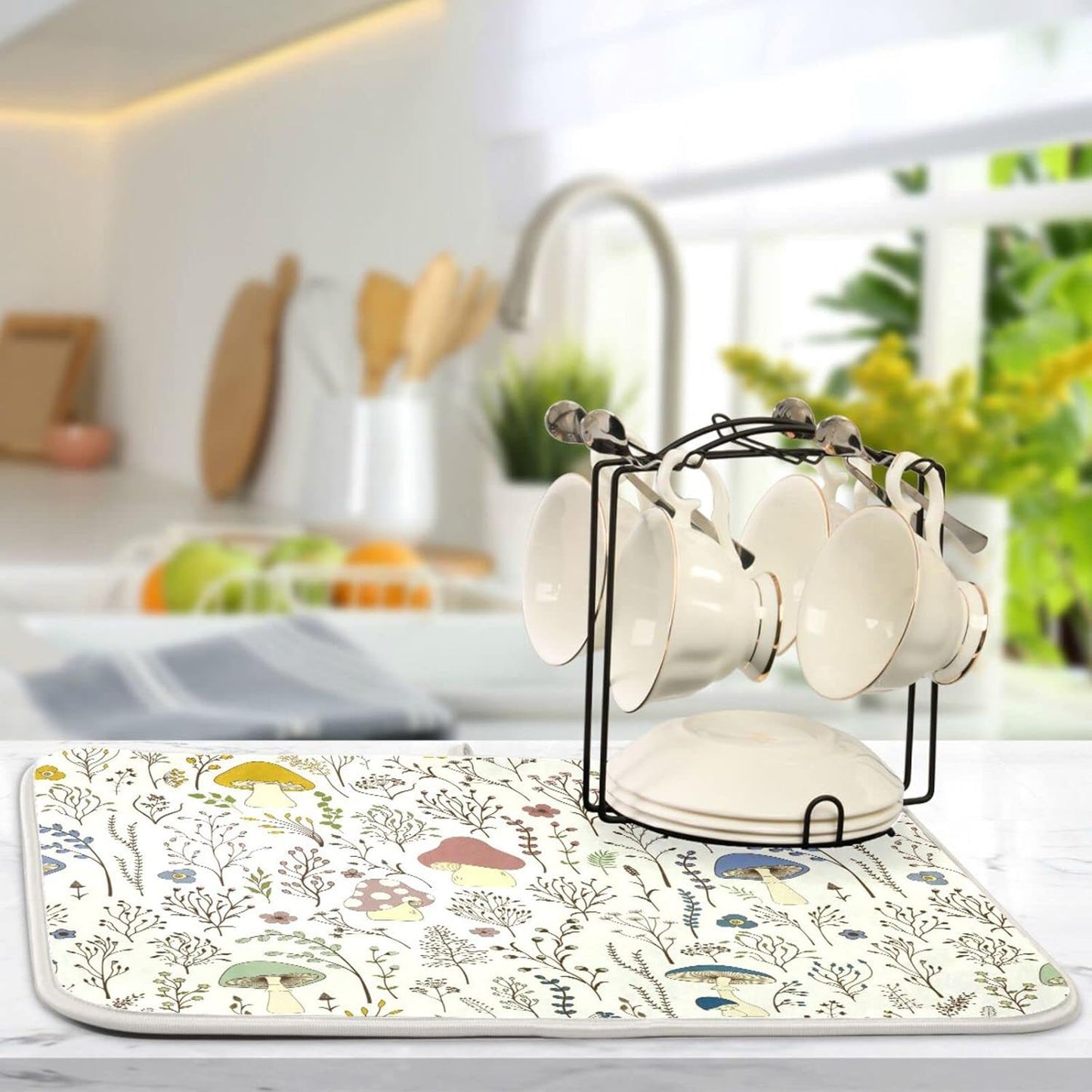 Cute Mushroom Wild Plant Dish Drying Mat for Kitchen Counter Absorbent Microfiber Drying Pad, Medium 16x18 in, Reversible Drainer Mats