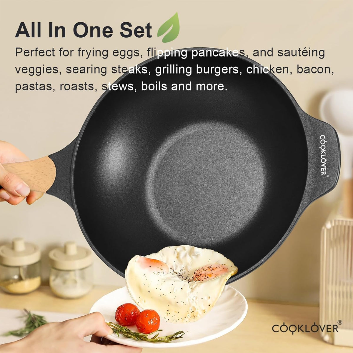 COOKLOVER Nonstick Woks And Stir Fry Pans Die-cast Aluminum Scratch Resistant 100% PFOA Free Induction Wok pan with Lid 12.6 Inch - BK