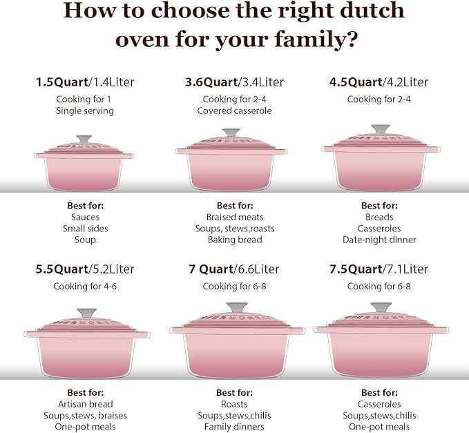 Overmont Enameled Cast Iron Dutch Oven - 7QT Pot with Lid Cookbook & Cotton Potholders - Heavy-Duty Cookware for Braising, Stews, Roasting, Bread Baking pink