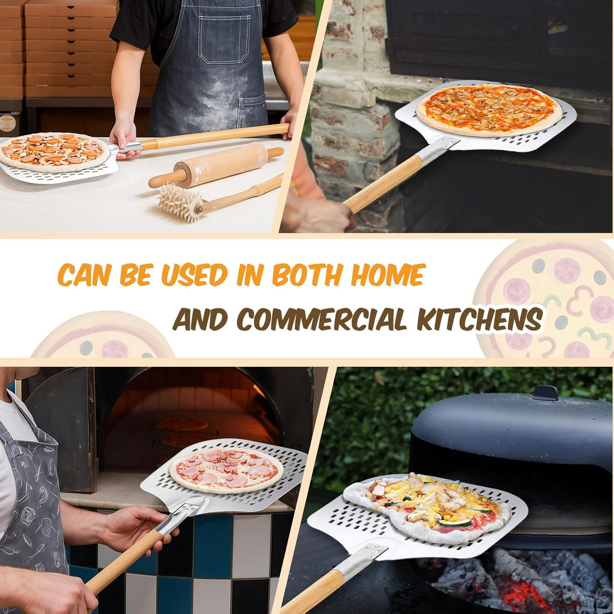Maxdot 2 Pcs Perforated Pizza Peel 12 x 14 Inch Aluminum Pizza Spatula with Detachable Wood 52-inch Long Extendable Handle for Baking Homemade Pie Bread