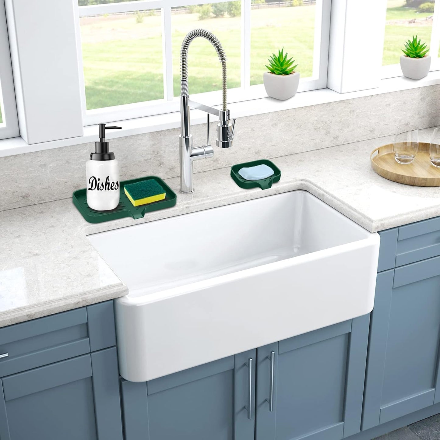 Kitchen Sink Tray,Sponge Holder for Kitchen Sink Self Draining Kitchen Soap Tray Premium Silicone Soap Holder for Bathroom Kitchen Counter Sink Caddy Organizer for Dish Soap Bottle,Soap Dispenser