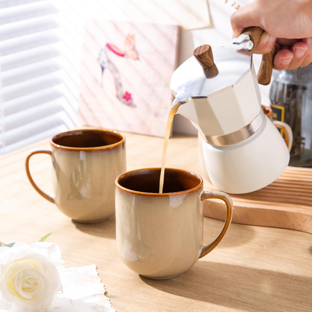 LERATIO 12OZ Ceramic Coffee Mugs Set of 6, Large Porcelain Coffee Cups With Large Handle For Latte,Cappuccino,Milk,Cocoa,|Dishwasher&Microwave Safe Mug Sets,Ideal for Man,Woman,Dad, Mom-Kahki