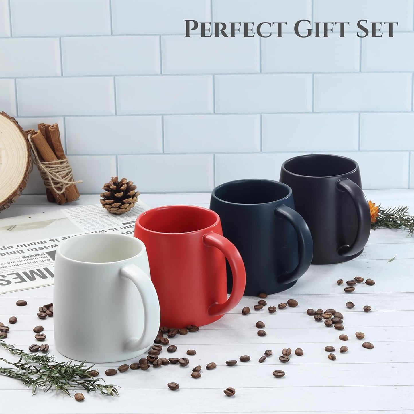 Classic Mug, 14 oz Large Coffee Mug with Handle, Ceramic Porcelain Tea Cup, Smooth Matte (Sliding Lid, Black)