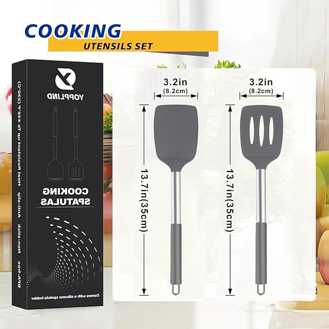 3Piece Silicone Spatula Set, Heat-Resistant, Non-Stick Kitchen Spatulas, BPA-Free, for Eggs, Pancakes, Fish, Woks, Includes Multifunctional shelf spoon pad (gray)