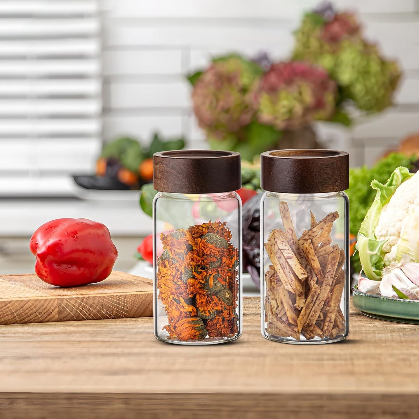 Large Glass Coffee Jars, Round Storage Canister with Wooden Lid Clear Glass Food Jar for Pantry Sugar Tea Coffee Bean Spice Nuts Cookies Bath Salts (4×250ml(8.4oz))