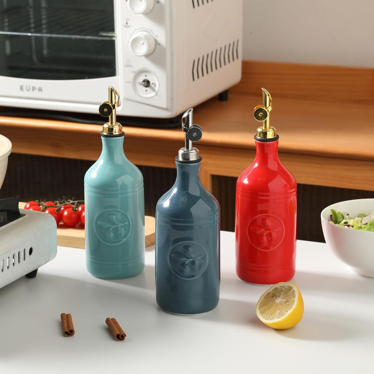 Sweejar 16 Oz Ceramic Olive Oil Dispenser Bottle, Oil Dispenser for Kitchen with Gravity Spout, Relief Opaque Vinegar Container for Evoo, Soy Sauce, 1 Pack(Turquoise, Gold Spout)