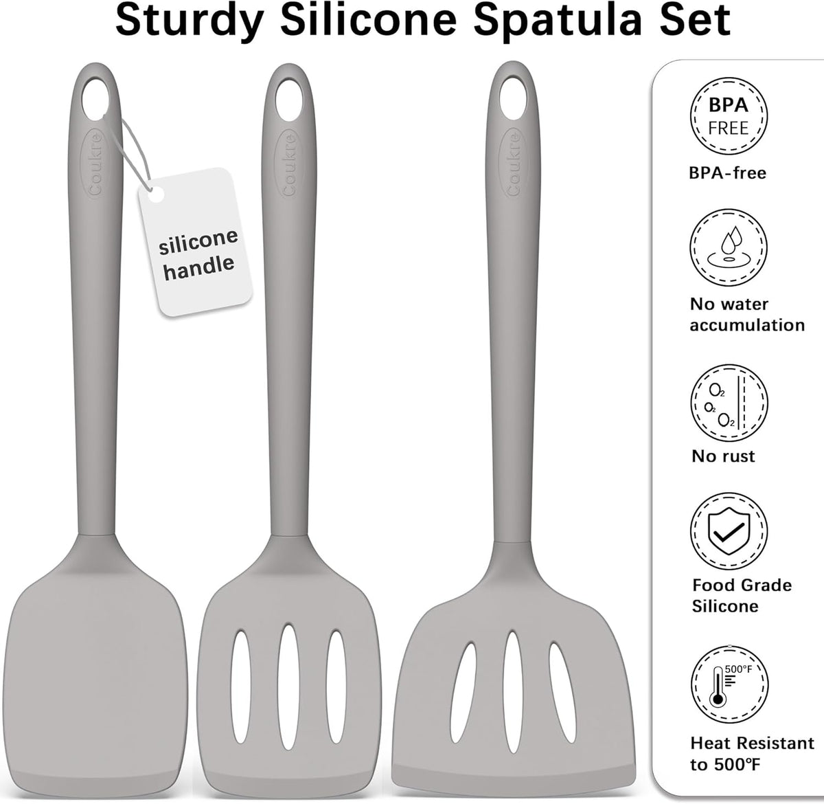 Coukre Silicone Spatula Set of 3, High Heat Resistant, BPA-Free, Kitchen Utensils, Fish Spatula, Solid & Slotted Turner for Non-Stick Pans, Flipping Eggs, Pancakes, Fish, Burgers (3, PureGray)