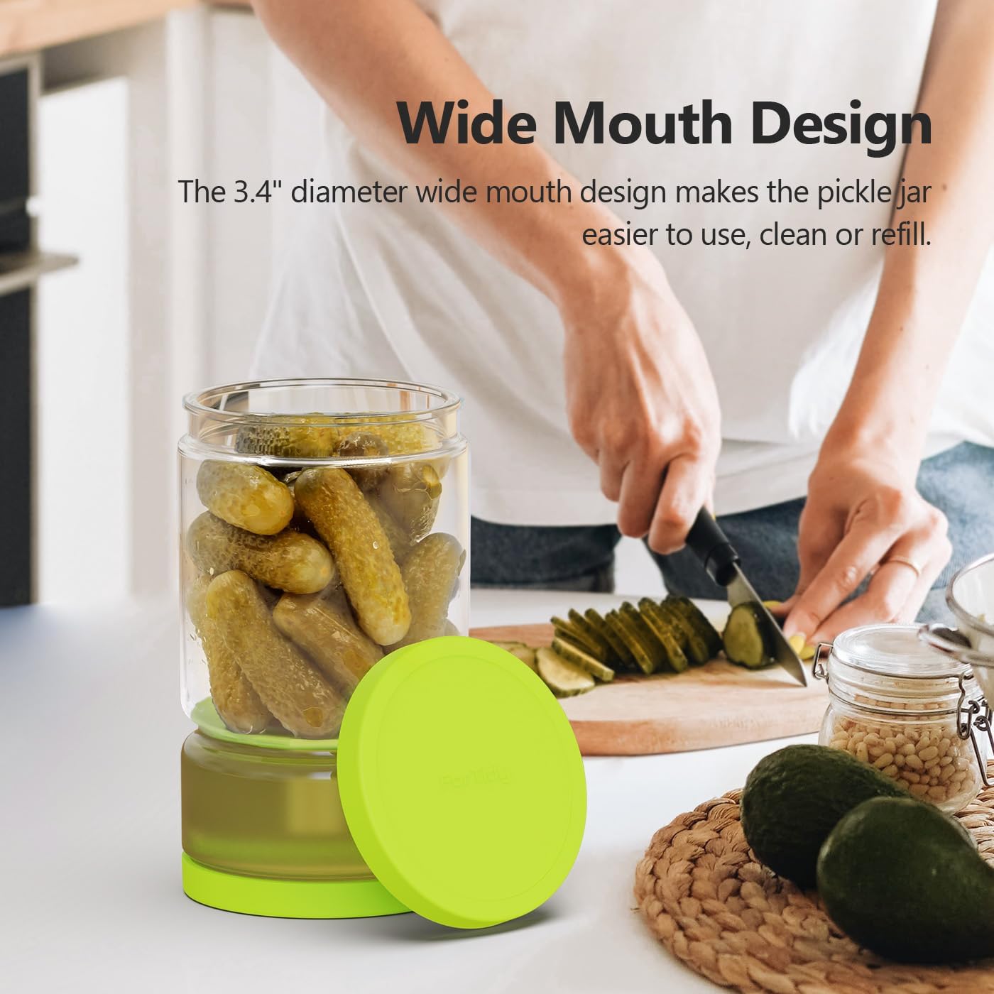 Glass Pickle Jar with Strainer Flip for Pickle Lover - 45 oz Leakproof Airtight Juice Separator for Olive, Gherkin or Chilli, BPA Free, Dishwasher and Refrigerator Safe (Green, 45 oz*1 pack)