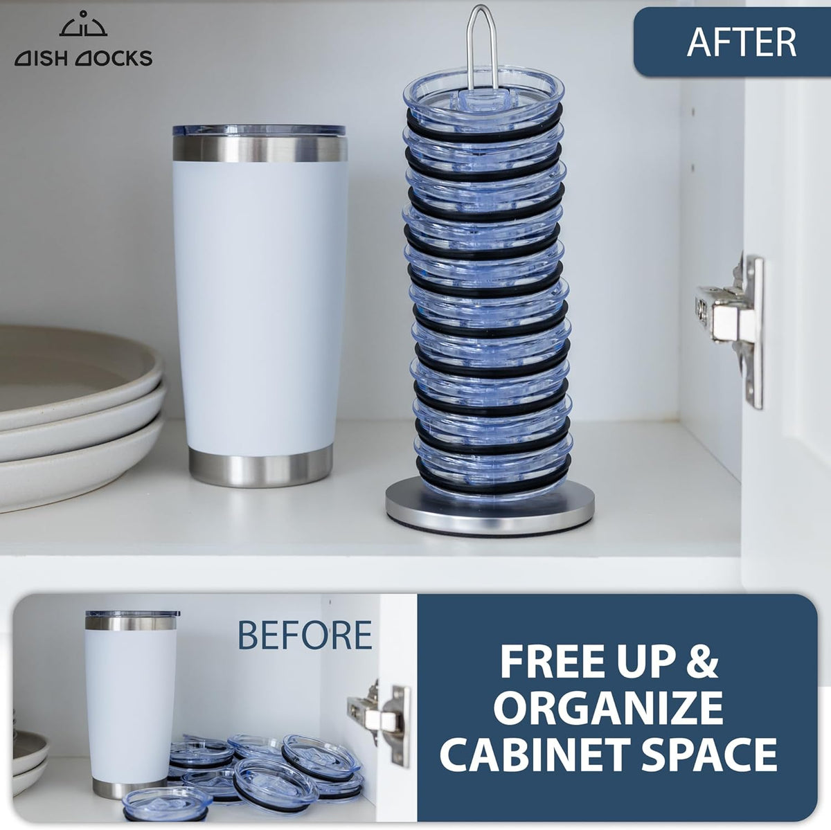 Tumbler Lid Organizer for Cabinet & Countertop - Slim Space-Saving Lid Holder with 9" Sturdy Bar & Weighted, Non-Slip Base - Vertical Storage Cup Lid Organizer - Collapsible Lid Rack for 10 Lids
