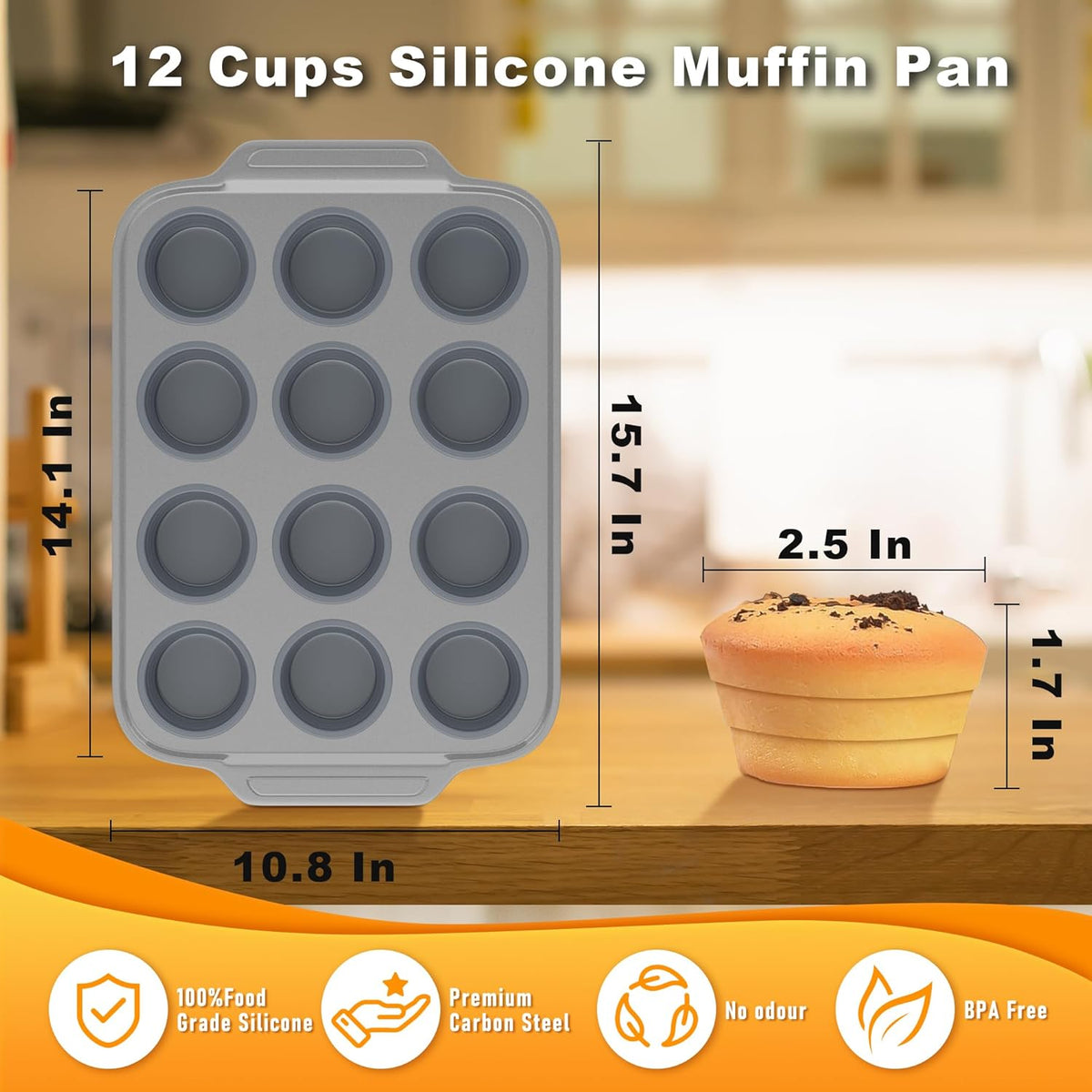 The Muffin Pan With Metal Frame & Foldable Sillicone Cups, Sturdy and Nonstick Muffin Pan Food Grade Silicone Molds (Grey, 1 Pack)