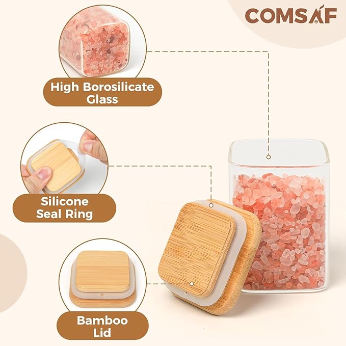 ComSaf 6Pcs 6 oz Spice Jars with Label Trial Set, Glass Spice Jars with Bamboo Lids Supplementary Set, Seasoning Container Trial Pack, Perfect for Ktichen Starter