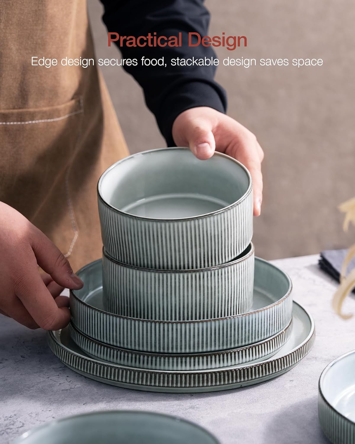 Famiware Star Dinnerware Set with Pasta Bowls, Service for 4 (16pcs), Ribbed Stoneware Plates and Bowls Dishes Sets - Chip & Scratch Resistant, Microwave & Dishwasher Safe, Smoky Blue