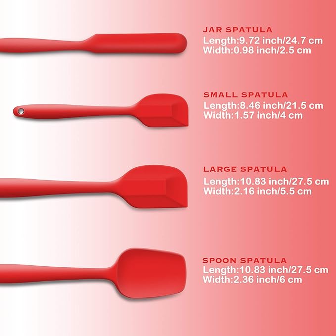 4 Piece Silicone Spatula Set, Flexible Heat Resistant Non-scratch Baking Cooking Rubber Spatulas with Stainless Steel Core, Red