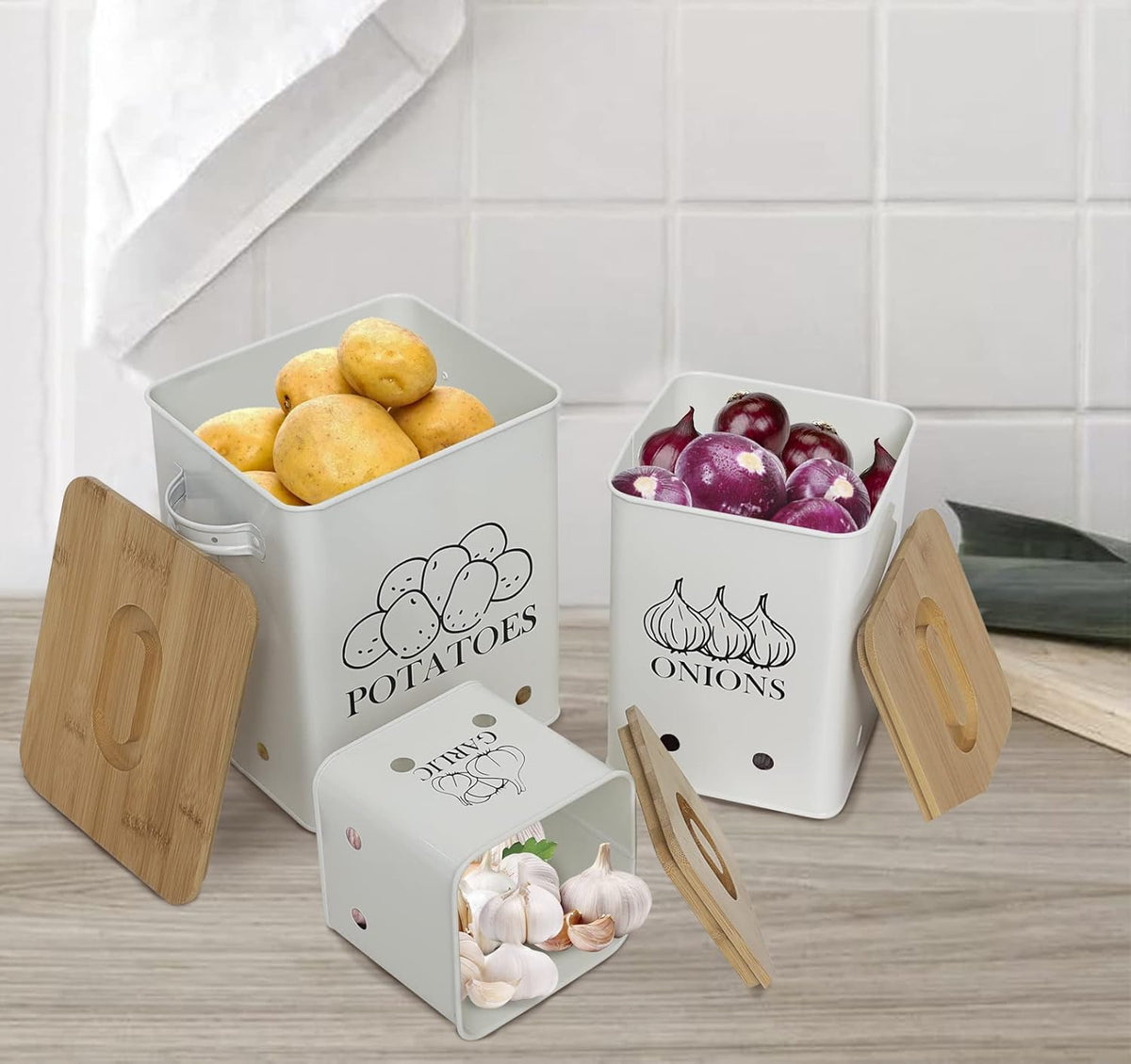 Kitchen Canisters Set, Storage Bin for Potato Onion & Garlic, 3 Pack Set Countertop Pots Containers with Wooden Lid - Potato Storage, Garlic Bin, Onion Keeper Tin with Aerating Holes-White