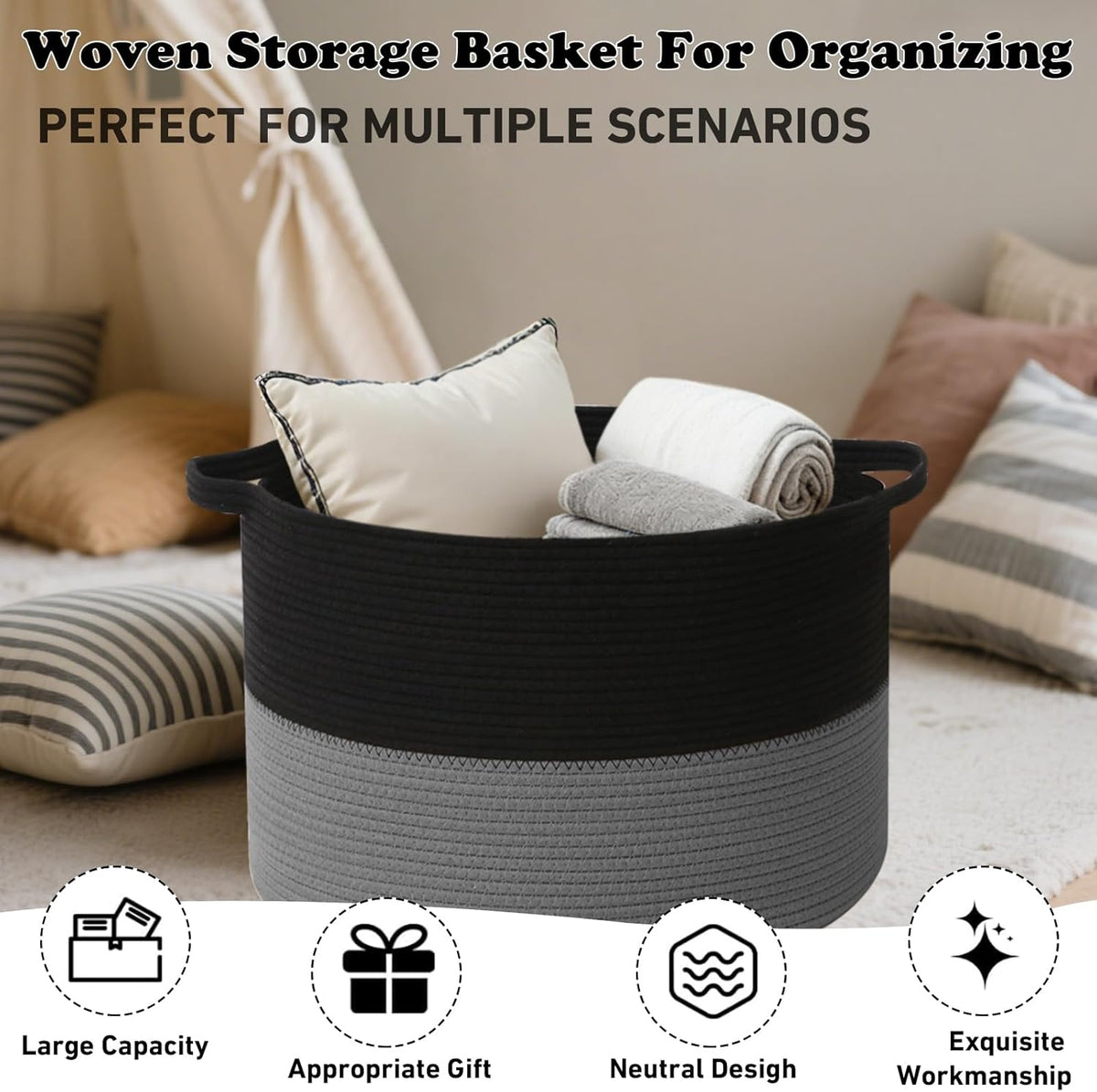 Large Blanket Basket for Organizing,115L Closet Organizers and Storage Bins Box for Shelves Woven Rope Storage Baskets,Living Room,Bedroom,Dorm,Laundry room (Black&Dark Grey)