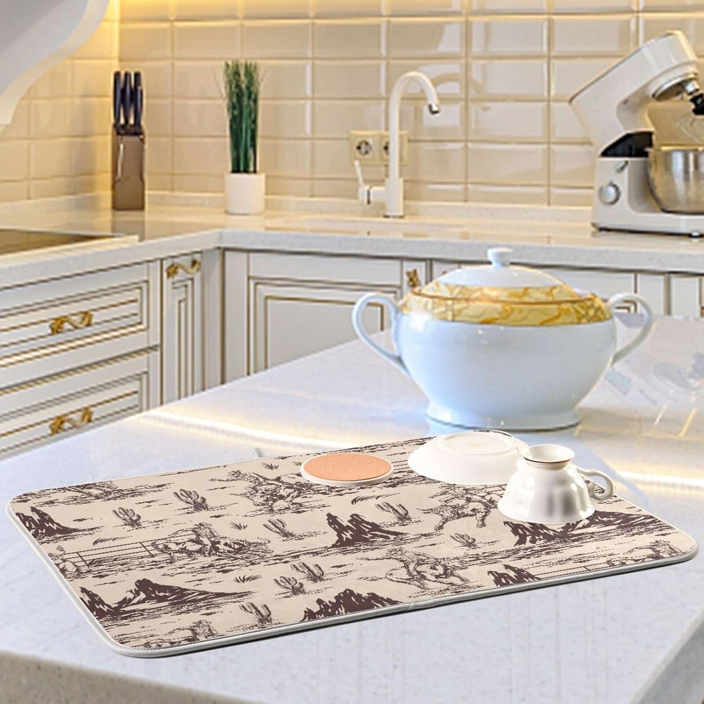 West Cactus Cowboy Dish Drying Mat for Kitchen Counter Absorbent Microfiber Drying Pad, Large 18x24 in, Reversible Drainer Mats