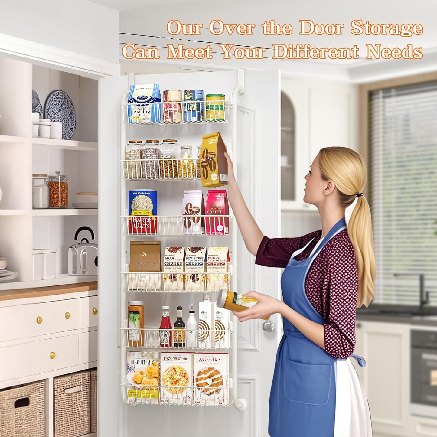 MIAOLI Over the Door Pantry Organizers and Storage, 6-Tier Spice Rack, Home & Kitchen Storage Shelves for Cabinet, Large Capacity Hanging Seasoning Organizer, Laundry Room Organization, White