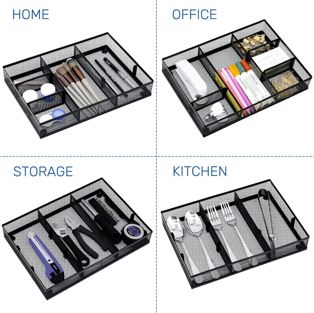 Neudeco Desk Drawer Organizer with 6 Adjustable Dividers, Metal Pen organizer for desk drawer,Mesh Office Desk Drawer Organizer Tray for office supplies (Pack 4, Black)