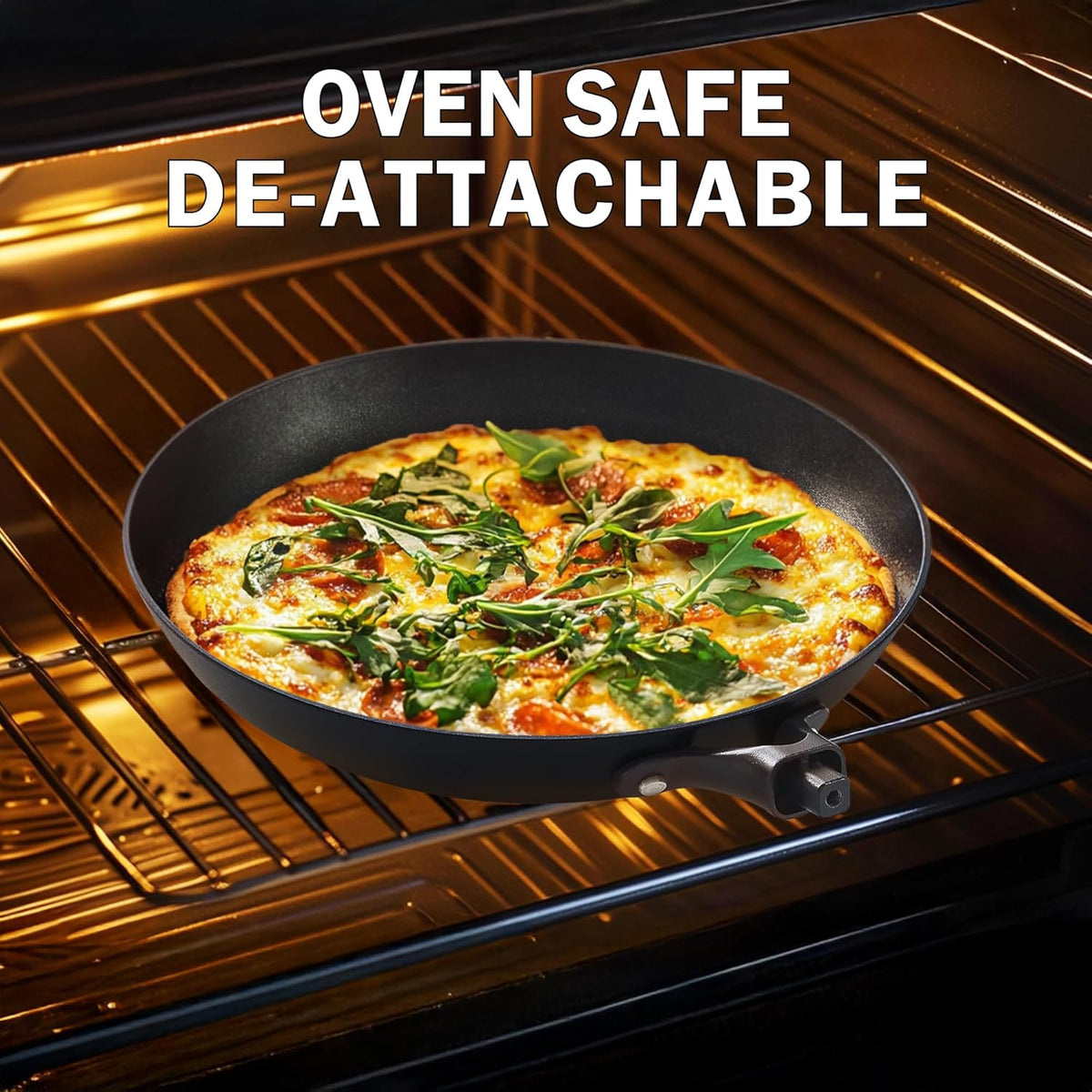 DM Cast Iron Skillet, 8 Inch Nonstick Frying Pan with Detachable Acacia Wooden Handle, Honeycomb Non stick Omelet Egg Pan, Easy Clean Oven Safe Pans for Cooking
