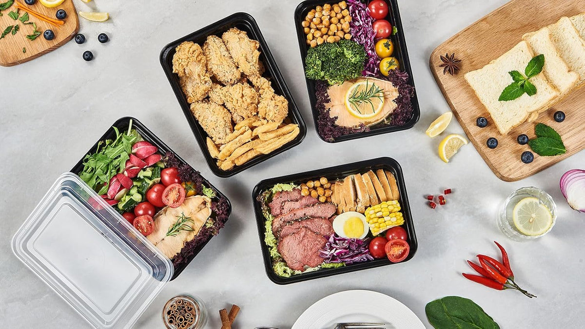 FULING 150 Pack Meal Prep Plastic Food Storage Containers With Lids 28 oz 1 Compartment Black Rectangular Reusable To Go Lunch Prepping Boxes BPA-Free Microwavable Freezer Dishwasher Safe Stackable