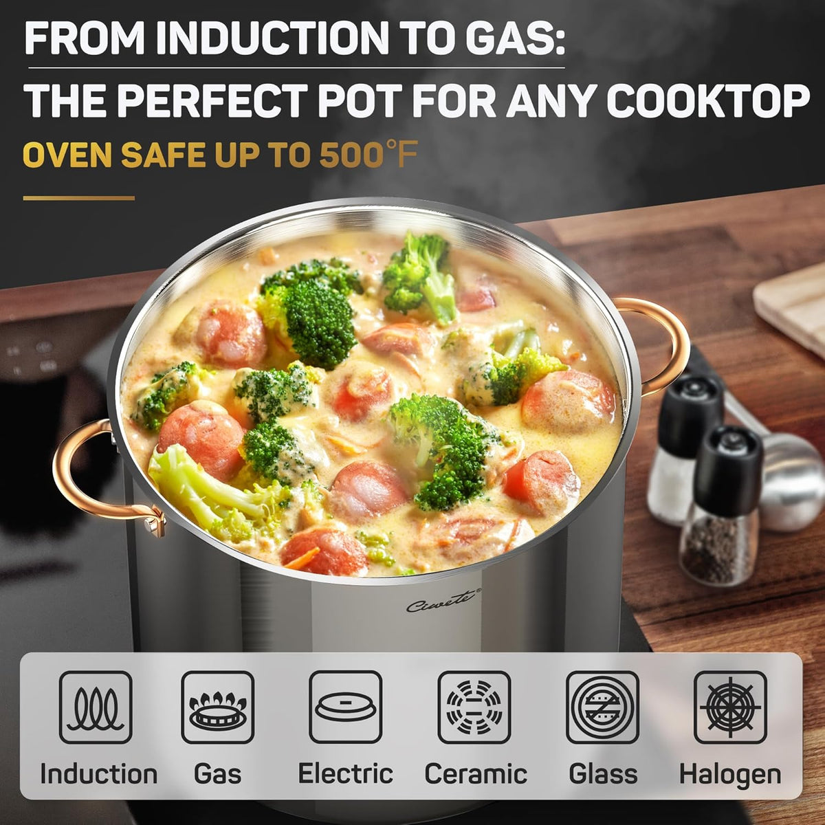 Stock Pot 20 Quart, 3 Ply Stainless Steel Stock Pot with Lid, 20 Quart Soup Pot with Copper Handle, Healthy Stockpots, Induction, Oven, Gas and Dishwasher Safe