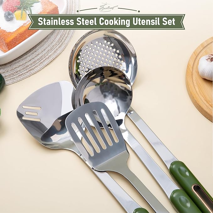 FJNATINH Wok Spatula and Ladle Skimmer Spoon - Stainless Steel Cooking Utensils Set of 3,Kitchen Wok Utensils Set,Green Handle