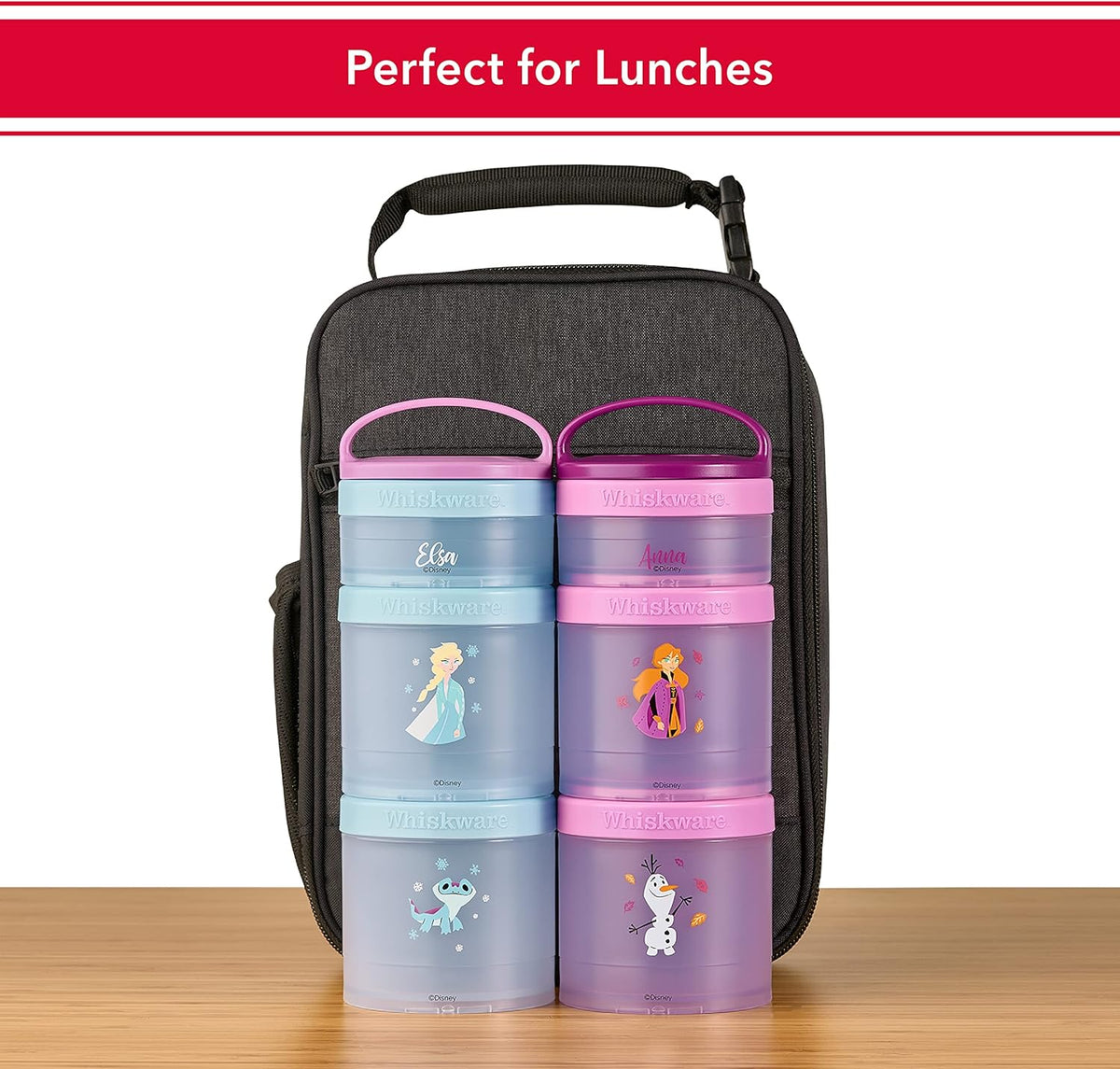 Whiskware Disney Princess Frozen, Stackable Snack Containers for Kids, Durable Food Storage Containers for Daycare, Car, and Airplane Travel, Dishwasher Safe, Anna and Olaf