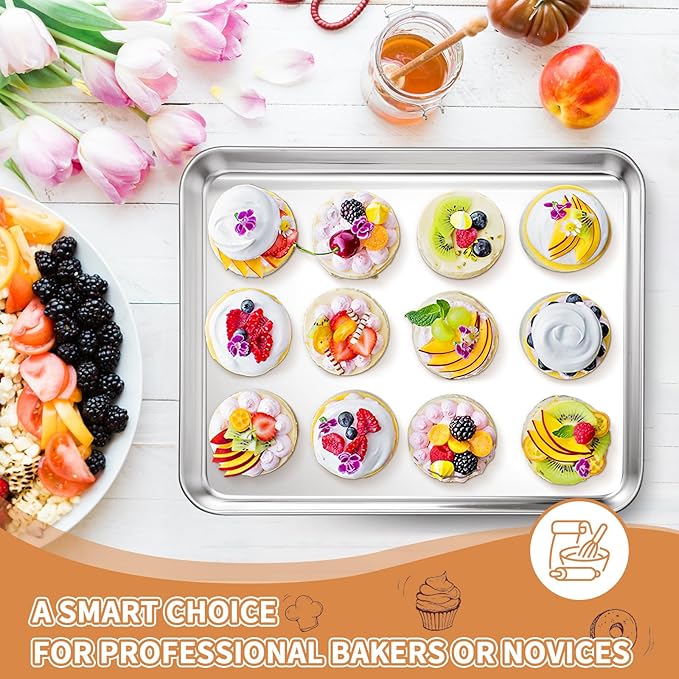 Stainless Steel Baking Sheet Set of 2, Deedro Cookie Sheet Metal Baking Pan Oven Tray, Non Toxic & Heavy Duty, Rust Free & Mirror Finish, Easy Clean & Dishwasher Safe, 12 x 10 x 1 Inch