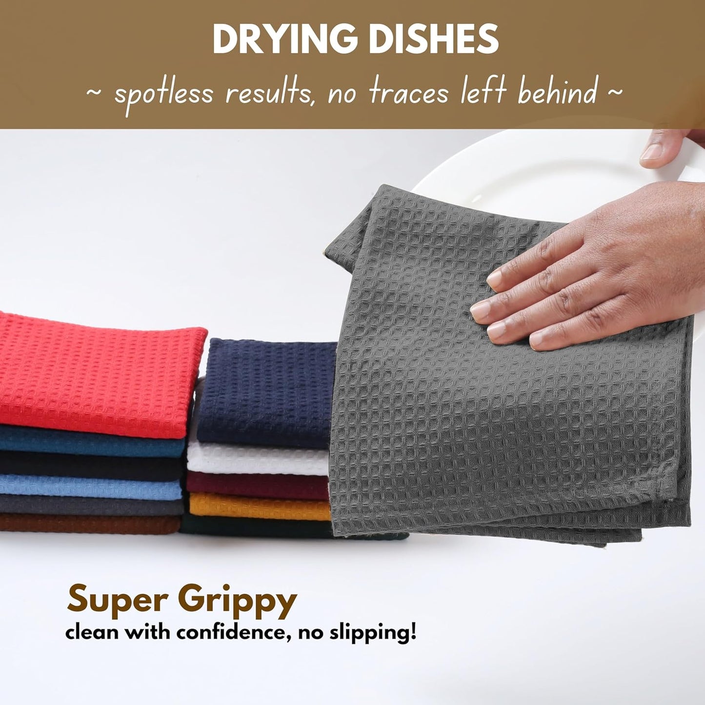 Native Fab Cotton Kitchen Towel with Hanging Loop 16x26 inches, 4-Pack, Waffle Weave Kitchen Towels for Cleaning Drying, Washcloths Soft & Absorbent Cloth Rags, Bar Towel, Dish Cloth, Grey
