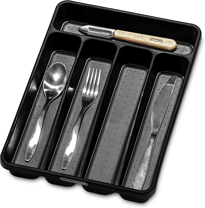 madesmart Classic Mini Silverware Tray Soft Grip, Non-Slip Kitchen Drawer, Multi-Purpose Home Organization, BPA Free, 5 Compartments, Carbon