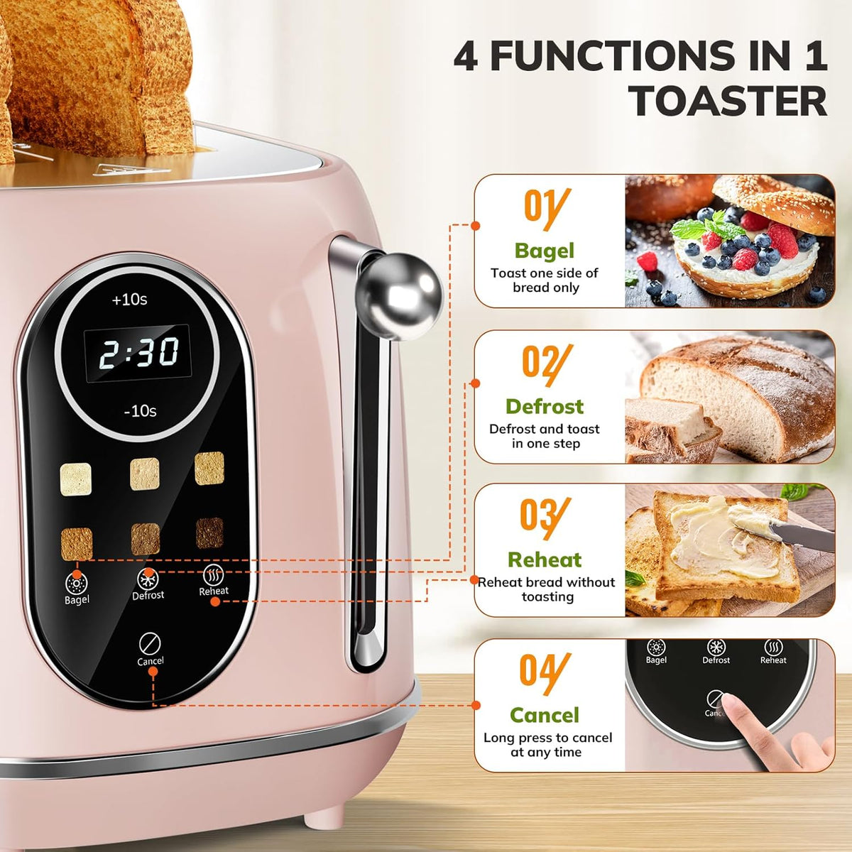 Keenstone Smart Touch Screen Toaster 2 Slice, Retro Wide Slot Stainless Steel Toaster with 6 Browning Levels, Reheat & Defrost, for Bagel, Toast, Bread, Removable Crumb Tray, Pink