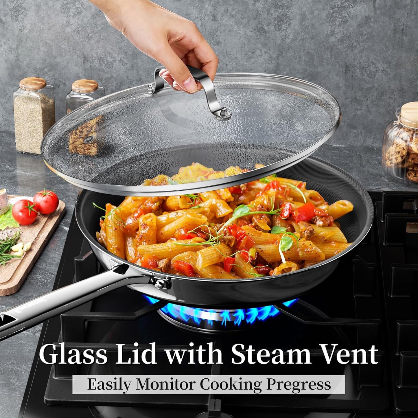 Nonstick Ceramic Frying Pan,11 Inch Stainless Steel Frying Pan Skillet with Glass Lid,Titanium Ceramics Egg Pan Omelet Pans,Kitchen Cooking Pan Compatible with All Cooktops