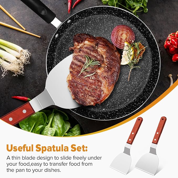 Metal Spatula Set for Cast Iron Skillet, Wide Griddle Stainless Steel Spatula Flipper Turner Utensil Set for Kitchen Use with Short Wood Handle Beveled Edge for Pancake, Egg, Burger, Omelet, 2 Pack