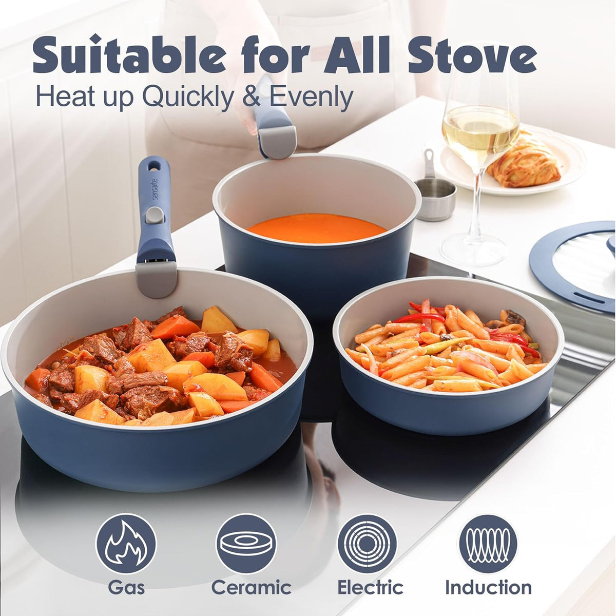 SENSARTE 17 Piece Ceramic Pots and Pans Set, Nonstick Detachable Handle Cookware, Induction Kitchen Cookware Set with Removable Handle, Dishwasher & Oven Safe (Navy)