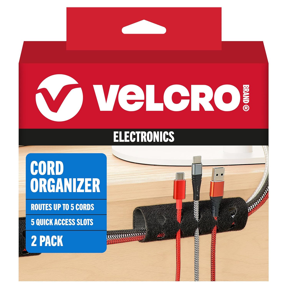 VELCRO Brand Cord Organizer for Desk & Nightstand, 5 Cable Slots with Sleeve Routing, Adhesive Wire Holder for Cord Management, Home, Workshop, Gaming & Office Essentials, Black 2 Pack