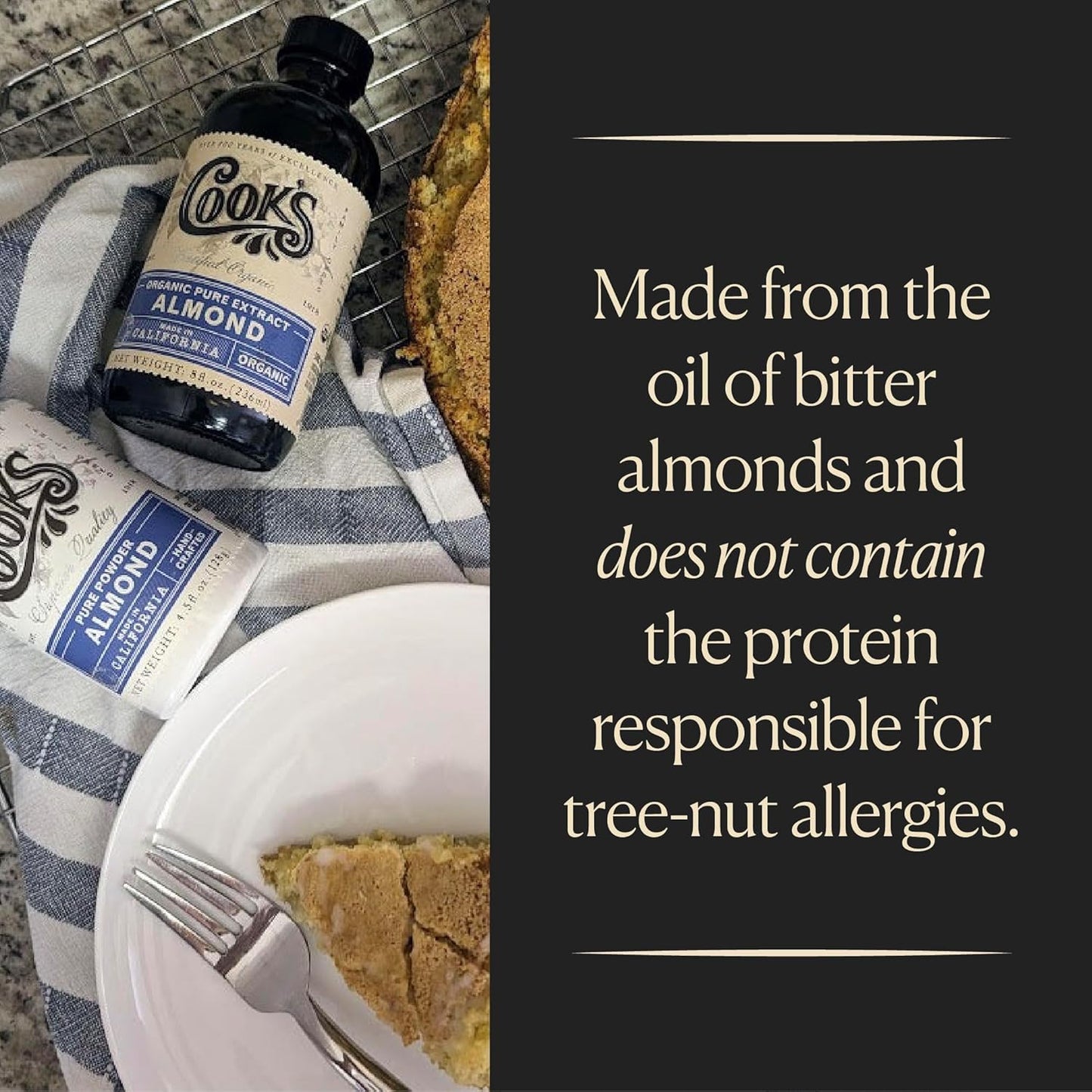 Cook's, Organic Pure Almond Extract, for Cookies, Cakes, Pastries, Allergen Free, 128 Ounces (1 Gallon)