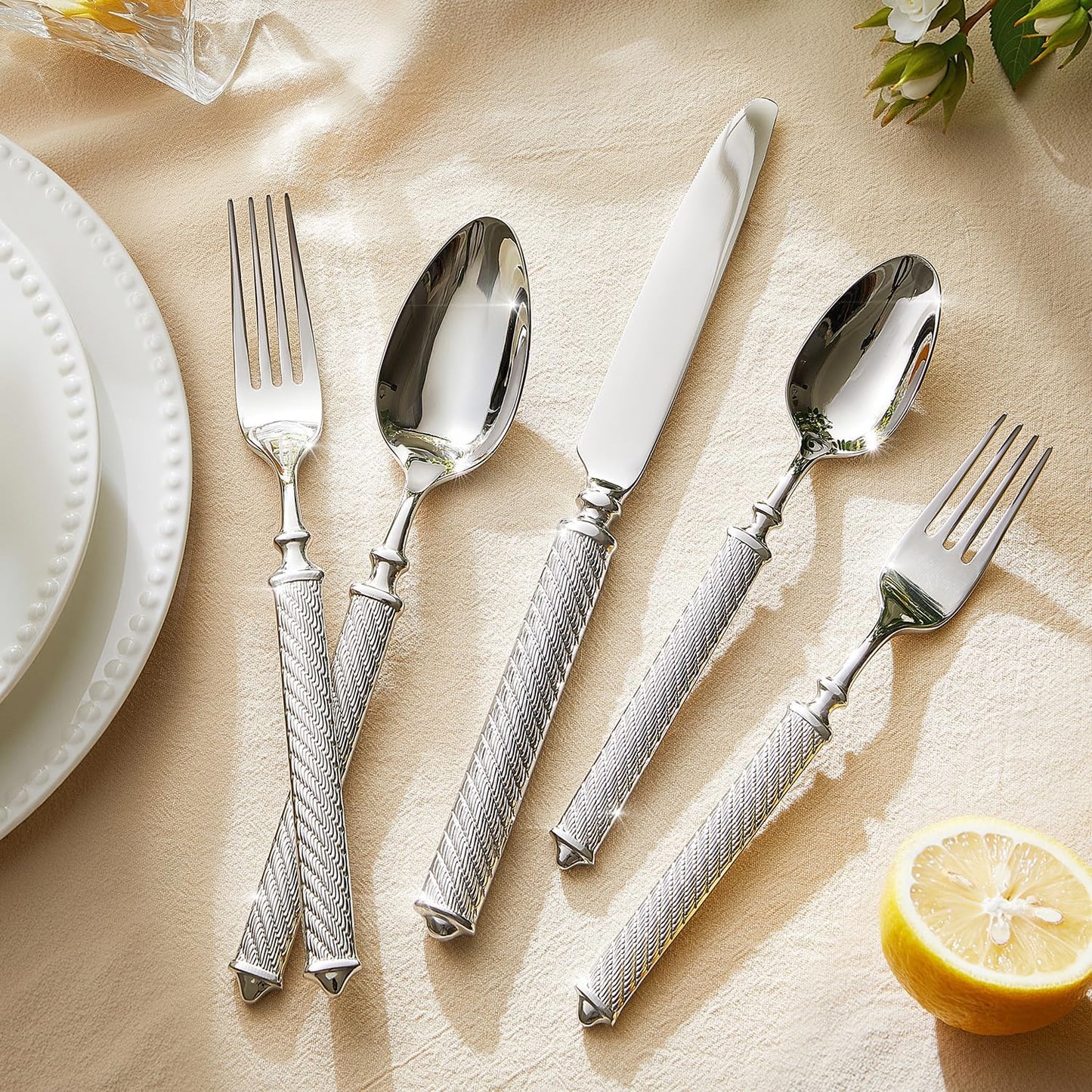 KINGSTONE Retro Rope-Pattern Silverware Set, 10-Piece Flatware Set Cutlery Set Forged with Handcrafted Texture Handles 18/10 Stainless Steel, Dishwasher Safe