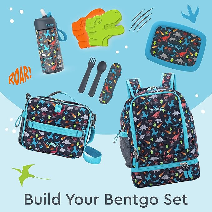 Bentgo Kids 2-in-1 Backpack & Insulated Lunch Bag - Durable 16” Backpack & Lunch Container in Unique Prints for School & Travel - Water Resistant, Padded & Large Compartments (Dinosaur)