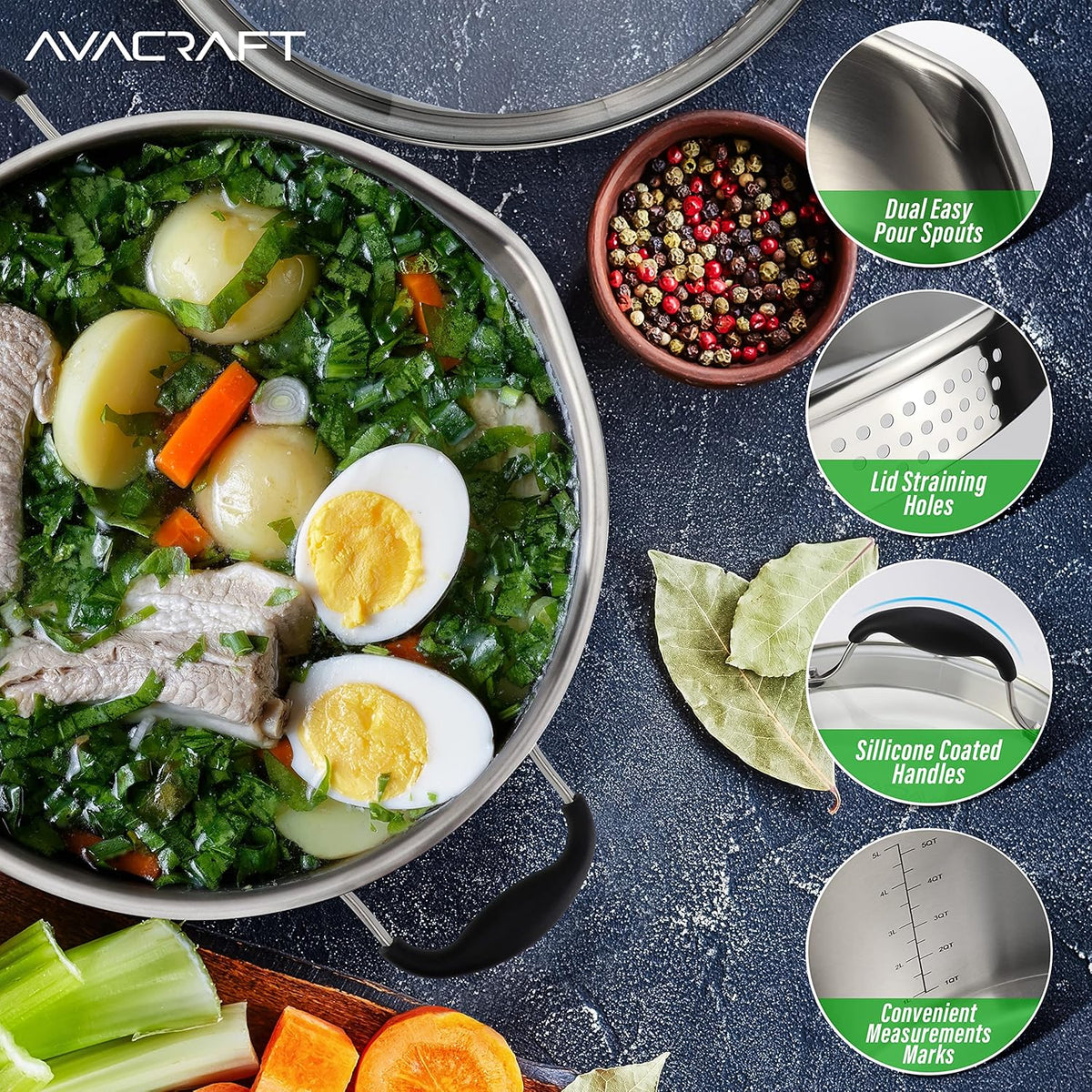 AVACRAFT Tri-Ply Stainless Steel Stockpot with Glass Strainer Lid, Side Spouts, 6 Quart Multipurpose Sauce Pot