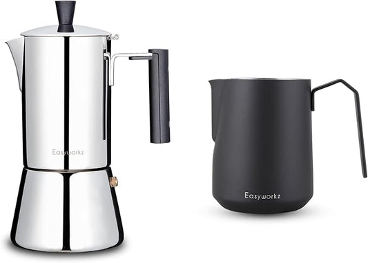 Easyworkz Pedro Stovetop Espresso Maker 6Cup 300ml, Bundled Espresso Steaming Pitcher Stainless Steel 20 oz Coffee Frothing Picther Milk Jug Cappuccino Latte Art Cup, Black