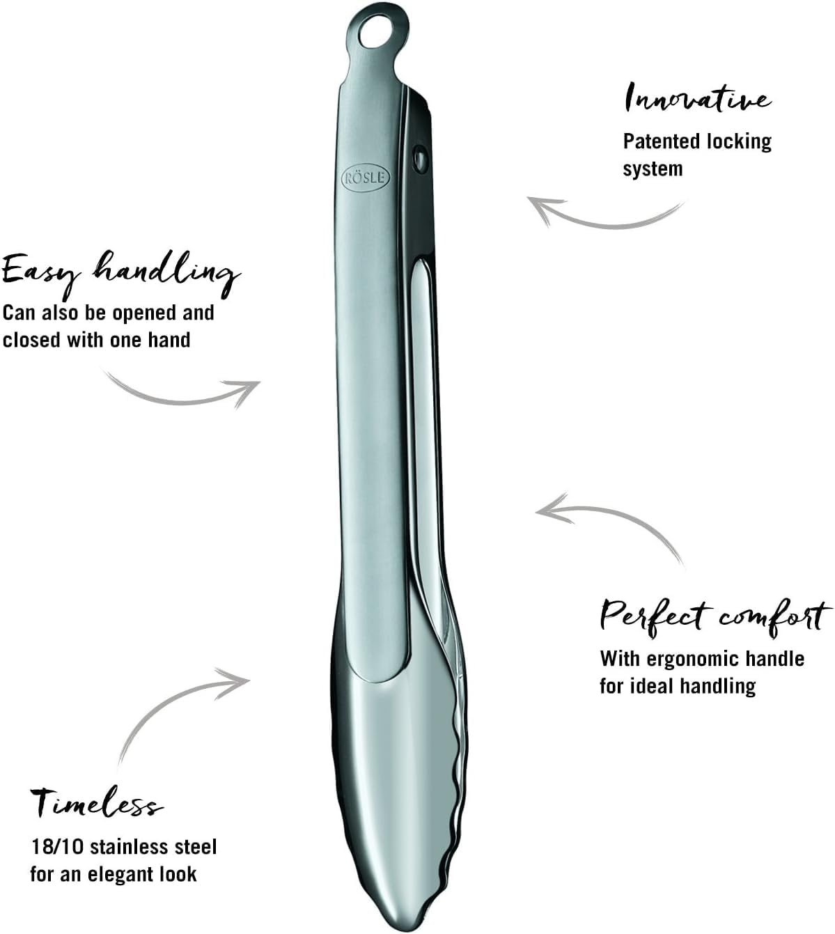 Rösle 12915 Stainless Steel One-Handed Lock & Release Tongs 9 in