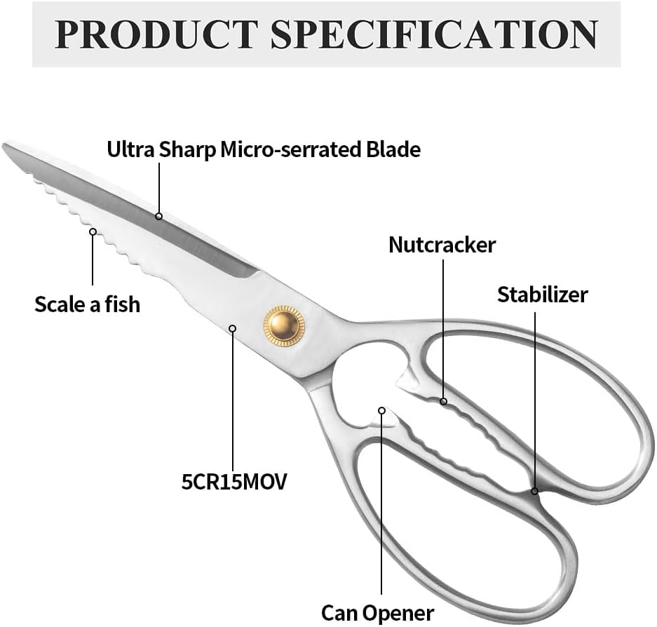 Professional Kitchen Scissors - Heavy Duty Food Scissors - Stainless Steel Utility Shears - Cutting Tools for Vegetables, Meat, Fish & Pizza