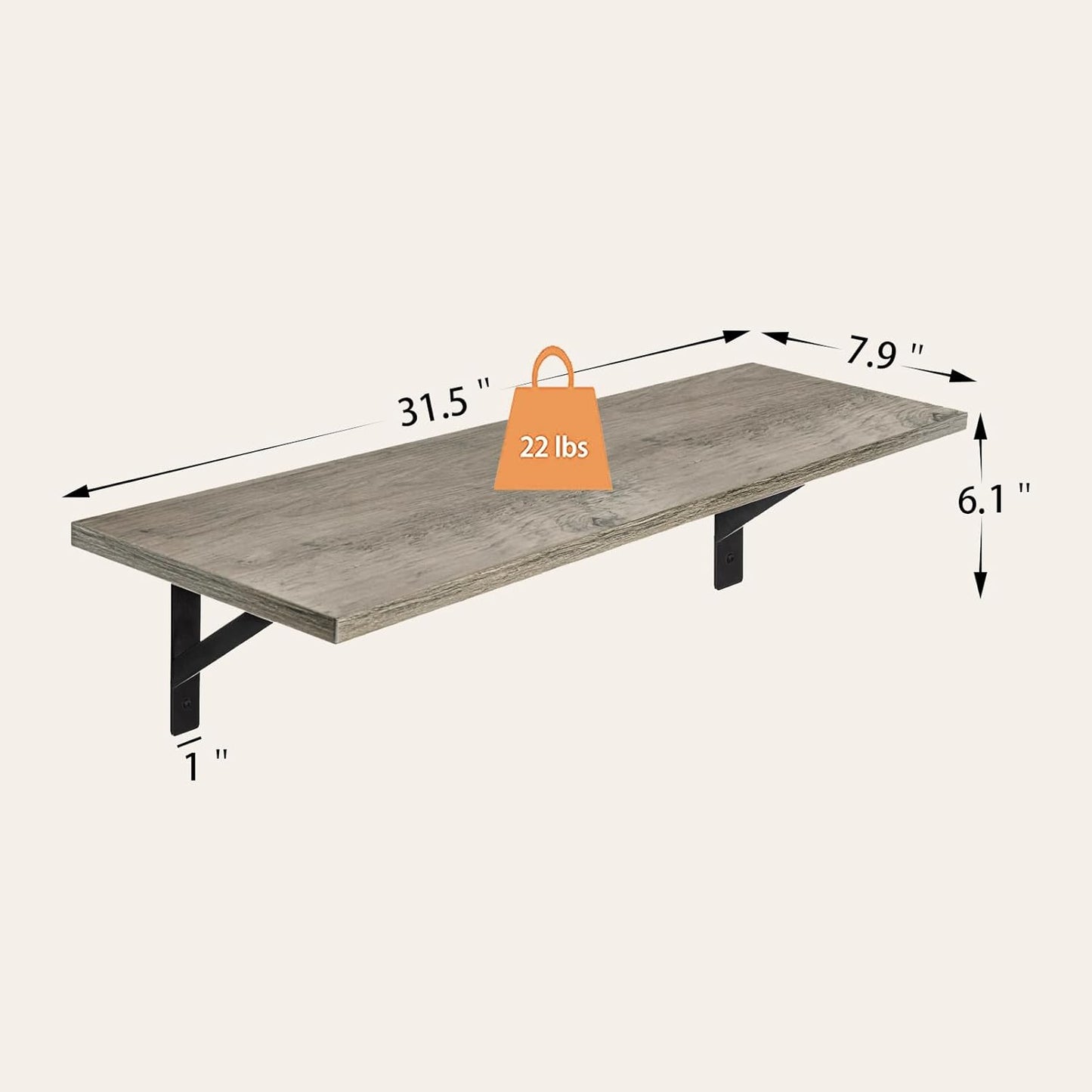DINZI LVJ Long Shelf, 31.5 Inch Large Wall Mounted Shelves Set of 2, Easy-to-Install, Display Ledges with Sturdy Metal Brackets for Living Room, Bathroom, Bedroom, Kitchen, Laundry Room, Gray Wash