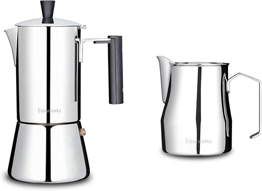Easyworkz Pedro Stovetop Espresso Maker 4Cup 200ml, Bundled Espresso Steaming Pitcher Stainless Steel 12 oz Coffee Frothing Picther Milk Jug Cappuccino Latte Art Cup